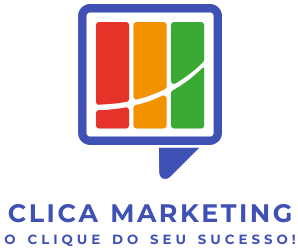 Logotipo da Clica Marketing: balão de conversa com gráfico de barras e o slogan “O clique do seu sucesso!”